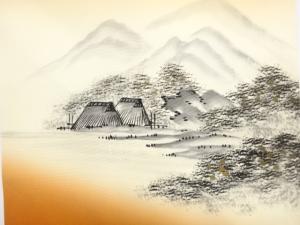 アンティーク　塩瀬　手描き　田舎風景模様名古屋帯